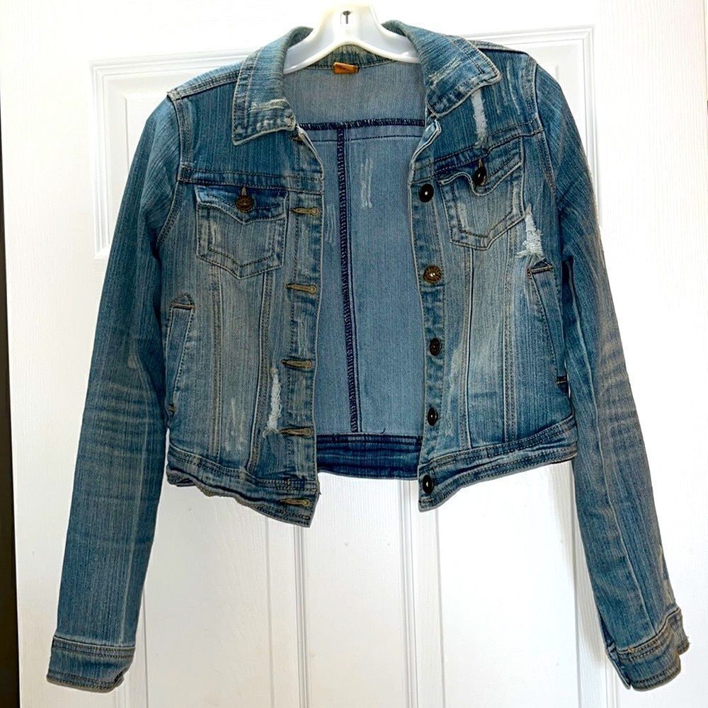 Jou Jou Distressed Blue Jean Cropped Denim Jean Jacket- Small - Picture 2 of 7